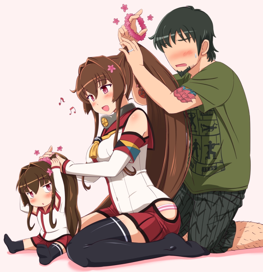 10s, 1boy, 2girls, :d, adjusting_another's_hair, artist_self-insert, asymmetrical_legwear, bad_id