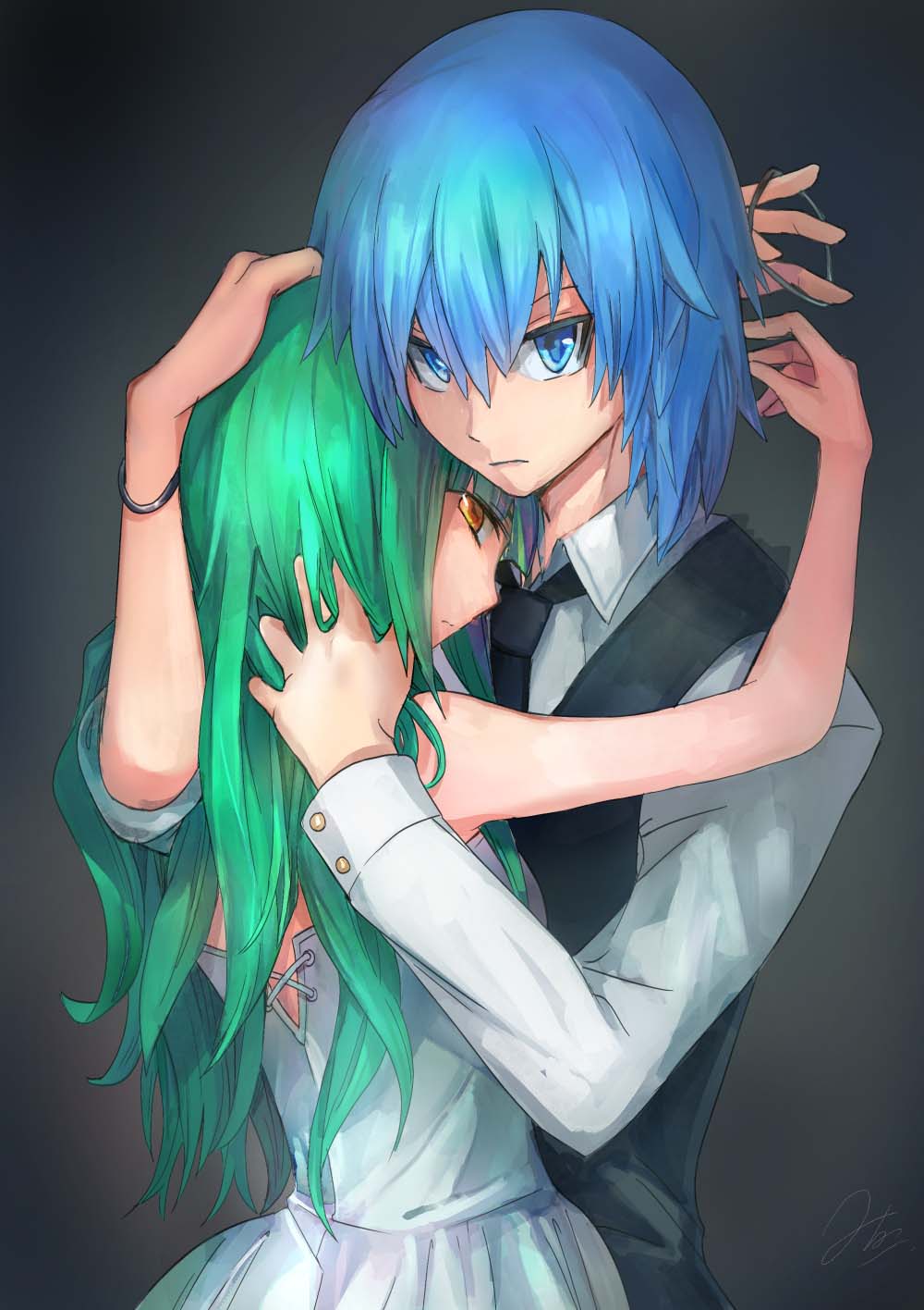 10s, 1boy, 1girl, ansatsu_kyoushitsu, blue_eyes, blue_hair, dress, formal_clothes, gradient_background, green_hair, hair_down, hair_tie, hand_on_another's_head, hetero, highres, hug, kayano_kaede, long_hair, looking_at_viewer, mimi_n, necktie, school_uniform, shiota_nagisa, short_hair, suit, yellow_eyes