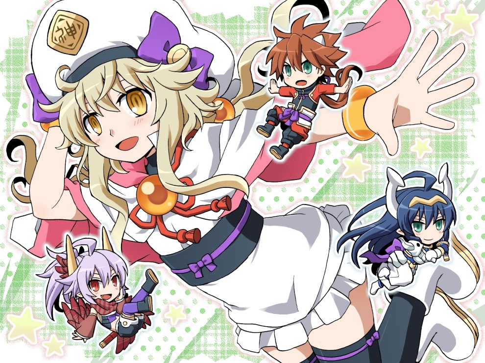 1boy, 3girls, animal_ears, blonde_hair, blue_hair, brown_hair, green_eyes, hat