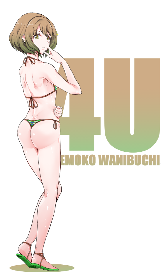 1girl, ao_(time-leap), ass, bikini, brown_hair, character_name, female_focus, full_body