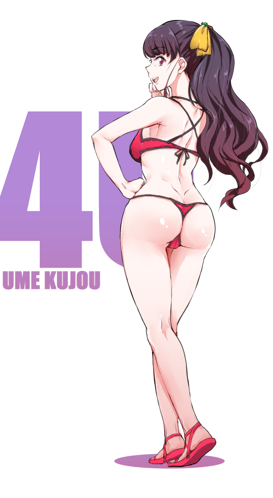 1girl, ao_(time-leap), ass, bikini, black_hair, bow, butt_crack, character_name