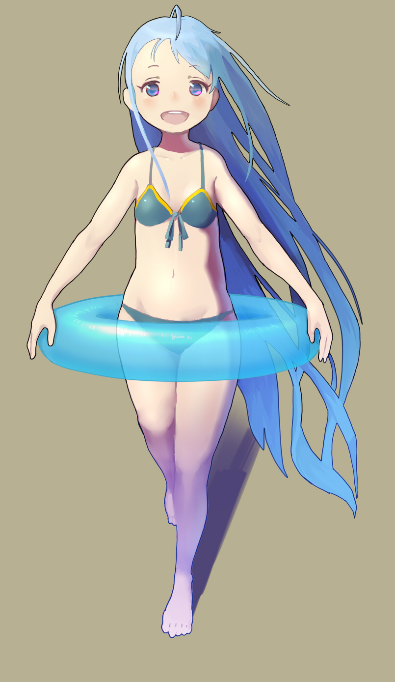 10s, 1girl, :d, ahoge, barefoot, bikini, blue_eyes, blue_hair