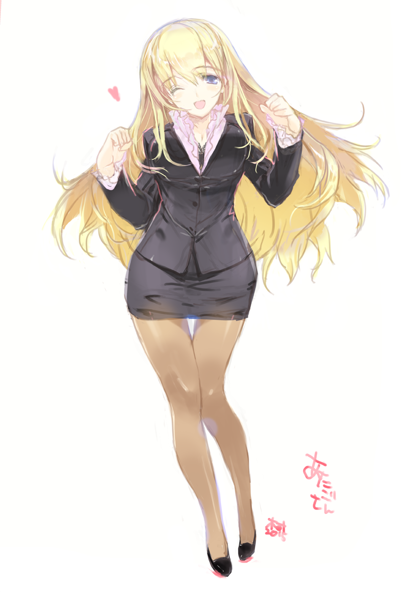 10s, 1girl, ;d, alternate_costume, atago_(kancolle), blue_eyes, blush, brown_pantyhose