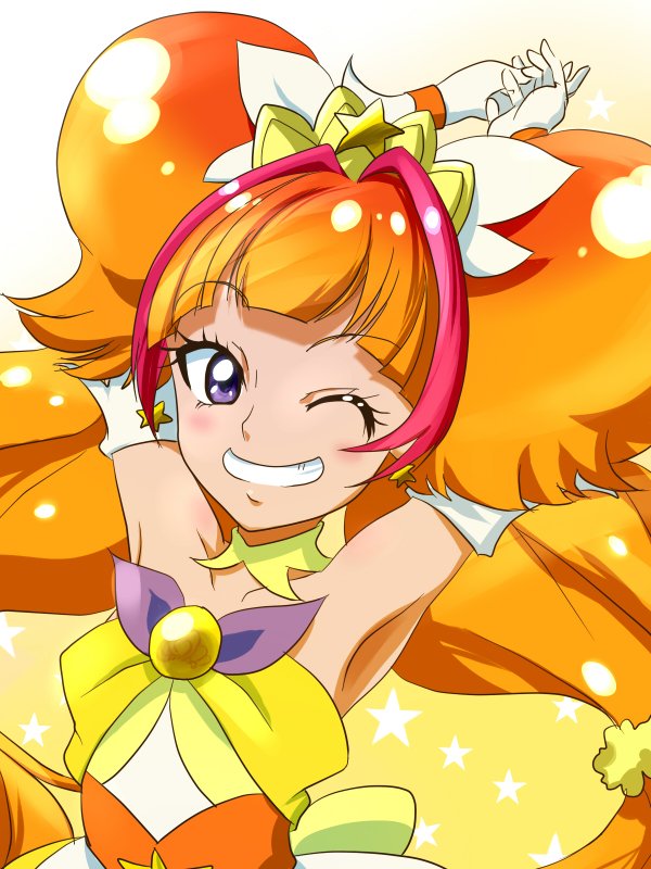 1girl, ;), amanogawa_kirara, armpits, arms_behind_head, bare_shoulders, choker, cure_twinkle