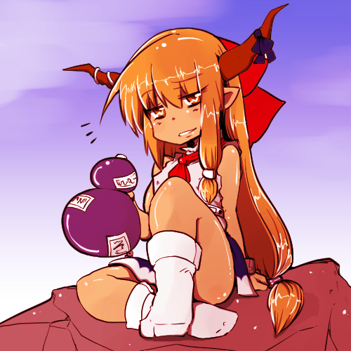 1girl, arm_support, bare_shoulders, blonde_hair, bow, cuffs, female_focus, flying_sweatdrops