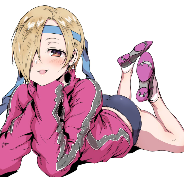10s, 1girl, bad_id, bad_pixiv_id, bandana, blonde_hair, blush, buruma