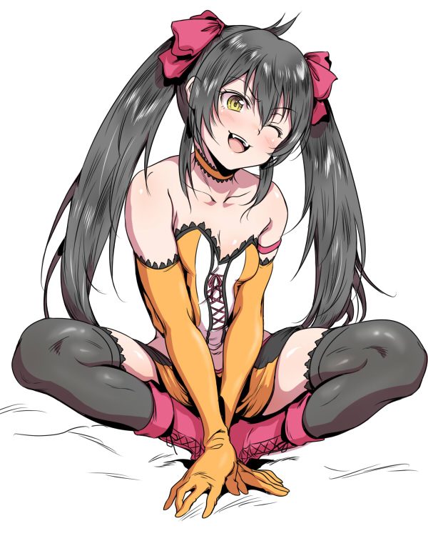 10s, 1girl, bad_id, bad_pixiv_id, bare_shoulders, black_hair, elbow_gloves, female_focus