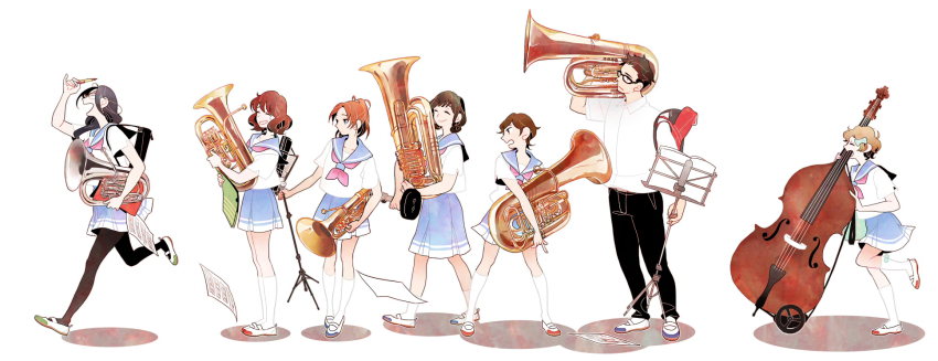 10s, 1boy, 6+girls, bad_id, bad_pixiv_id, black_hair, brown_hair, double_bass