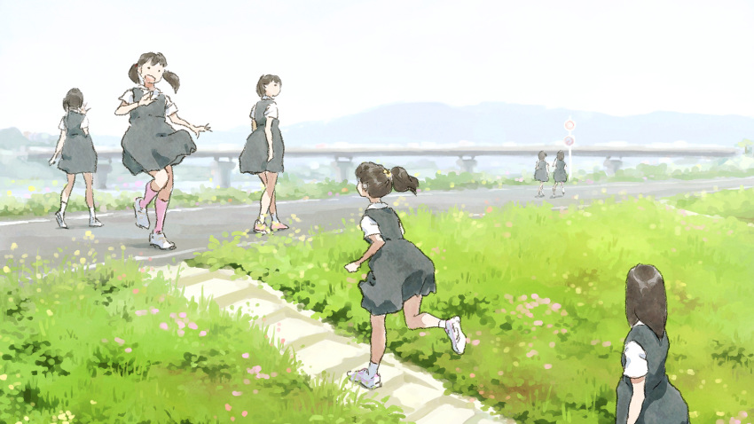 6+girls, ankle_socks, bridge, commentary, dress, grass, highres, kneehighs, levee, long_hair, looking_back, multiple_girls, original, pinafore_dress, ponytail, road_sign, running, school_uniform, short_hair, short_twintails, sign, sleeveless, sleeveless_dress, slice_of_life, smile, socks, stairs, tnt_(aaaazzzz), twintails, walking, waving