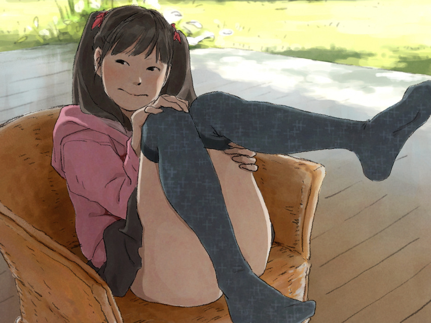 1girl, 3:, chair, commentary, convenient_leg, female_focus, glance, highres