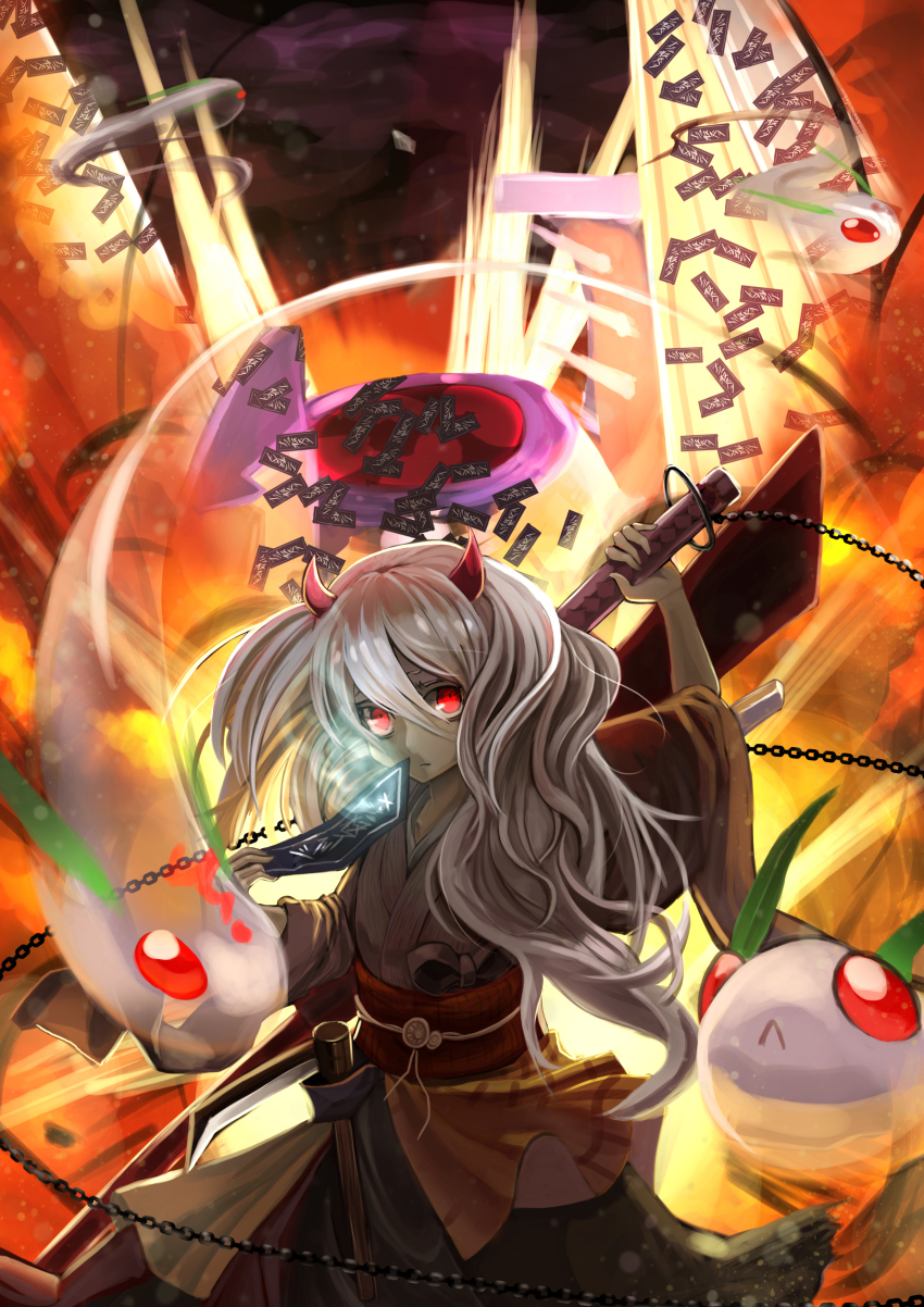 10s, 1girl, absurdres, chain, duel_monster, gameplay_mechanics, ghost_ogre_&amp;_snow_rabbit, gradient_background, highres, horns, japanese_clothes, komakinyan, long_hair, looking_at_viewer, ninja_slayer, number_101_silent_honor_ark, obi, ofuda, rabbit, red_eyes, sash, silver_hair, spirit, yu-gi-oh!, yuki_usagi_(yuu-gi-ou)