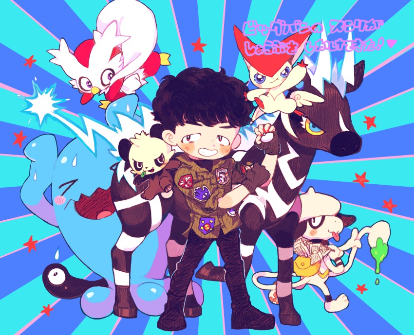 1boy, bigbang, black_hair, delibird, fingerless_gloves, gen_2_pokemon, gen_5_pokemon, gen_6_pokemon