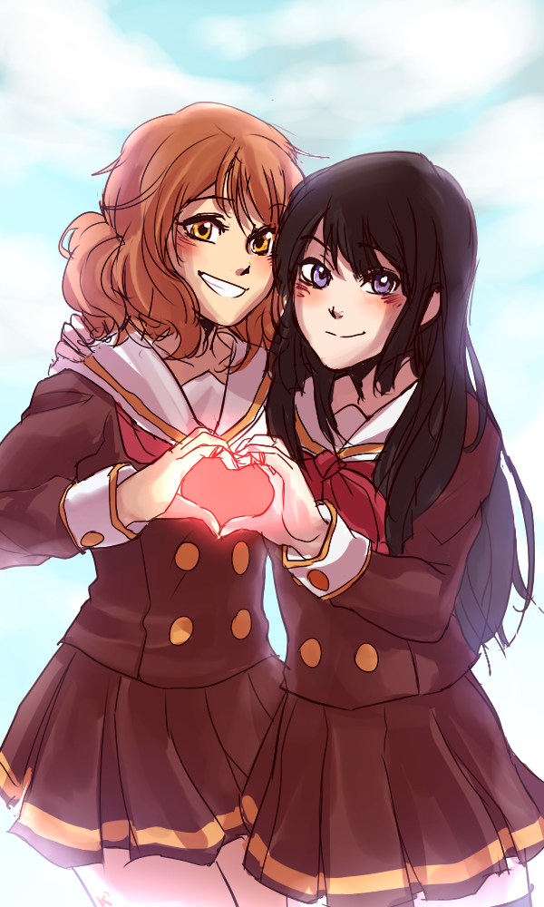 10s, 2girls, black_hair, blue_eyes, blush, brown_hair, cloud, commentary