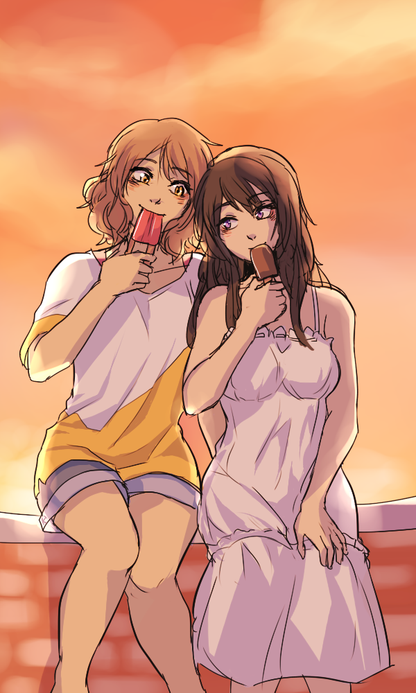 10s, 2girls, bare_legs, black_hair, blouse, brown_hair, cloud, dress