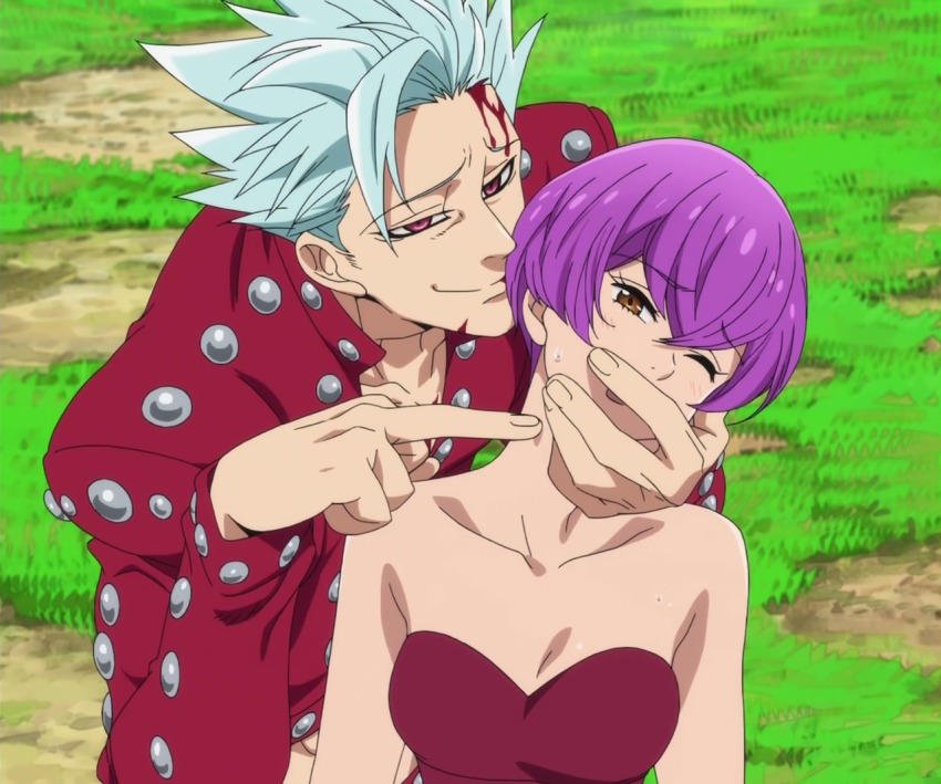 10s, 1boy, 1girl, anime_screenshot, aqua_hair, ban_(nanatsu_no_taizai), bare_shoulders, blood, breasts, brown_eyes, collarbone, covering_own_mouth, covering_privates, from_behind, head_tilt, looking_at_viewer, middle_finger, nanatsu_no_taizai, naughty_face, neck, one_eye_closed, open_mouth, poking, purple_hair, red_eyes, short_hair, silver_hair, smile, spiked_hair, stitched, strapless, sweatdrop, third-party_edit, veronica_liones, wince