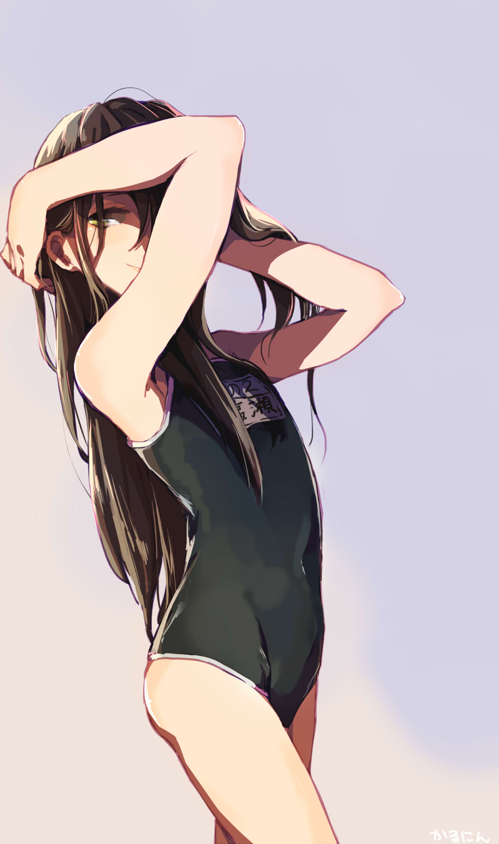 1girl, black_hair, brown_eyes, daginin, female_focus, gradient_background, highres, long_hair, one-piece_swimsuit, original, school_swimsuit, solo, swimsuit