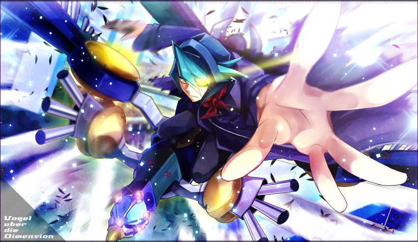 1boy, ascot, bad_id, bad_pixiv_id, blue_hair, coat, duel_monster, eirakko, feathers, foreshortening, glowing, glowing_eye, highres, kurosaki_shun_(yu-gi-oh!), machine, male_focus, multicolored_hair, pants, raidraptor_-_rise_falcon, solo, two-tone_hair, yu-gi-oh!, yu-gi-oh!_arc-v