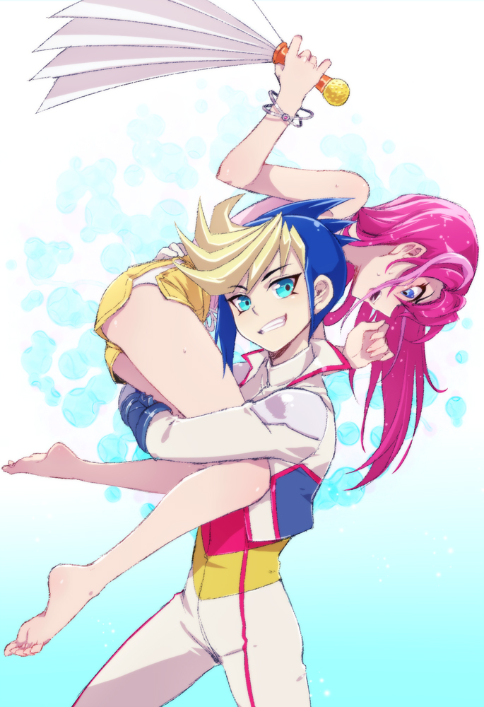 1boy, 1girl, ass, barefoot, blonde_hair, blue_eyes, blue_hair, bracelet