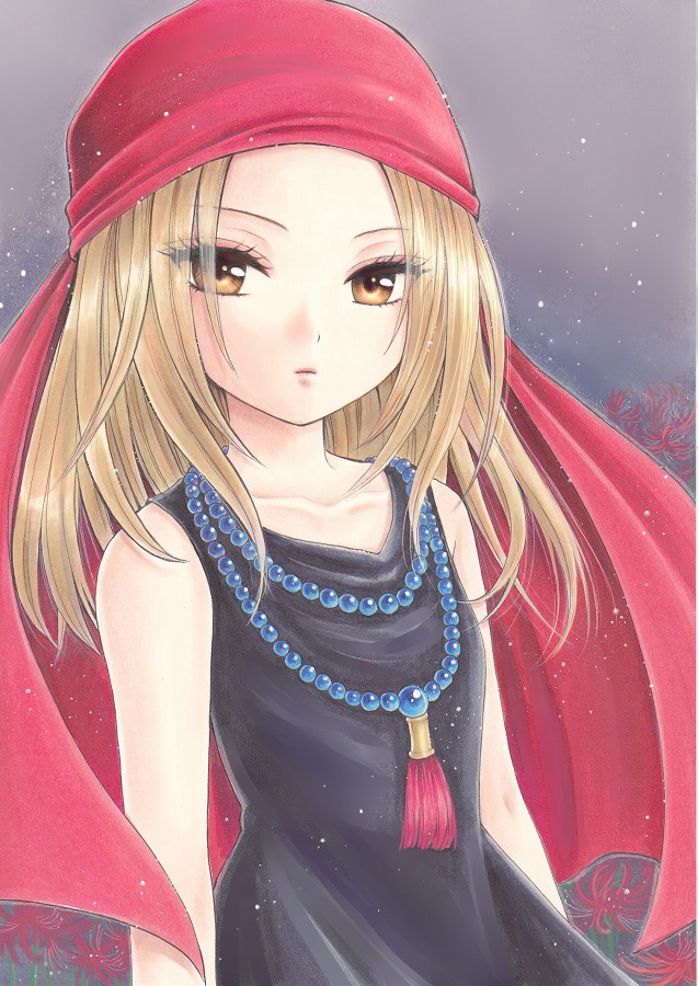 1girl, bandana, bare_shoulders, beads, black_dress, blonde_hair, brown_eyes, dress