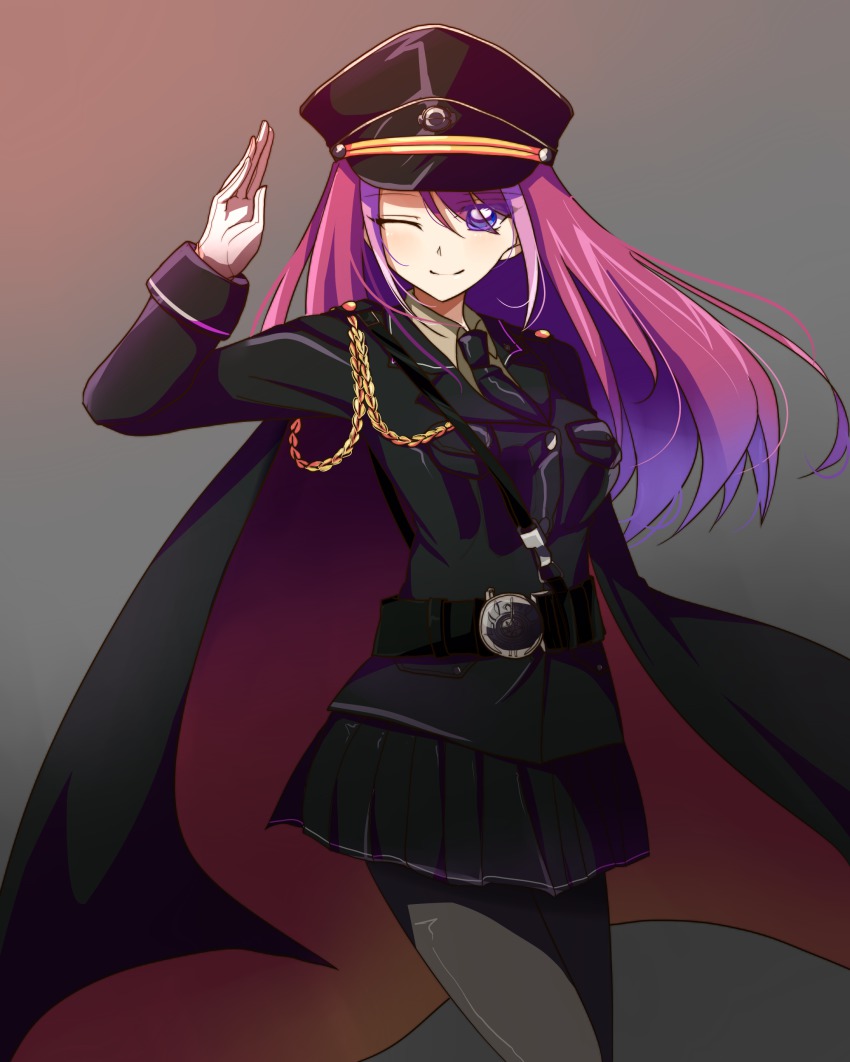 1girl, ;), absurdres, aiguillette, belt, blue_eyes, cape, female_focus, gloves, gradient_background, hair_down, hat, highres, hiiragi_yuzu, military, military_hat, military_uniform, multicolored_hair, necktie, one_eye_closed, pantyhose, peaked_cap, pink_hair, smile, solo, two-tone_hair, yaharinaneanisu, yu-gi-oh!, yu-gi-oh!_arc-v
