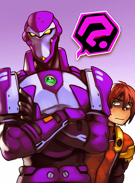 2boys, ?, ash_(phantasy_star_online), blue_eyes, brown_hair, can't_be_this_cute, crossed_arms, gradient_background