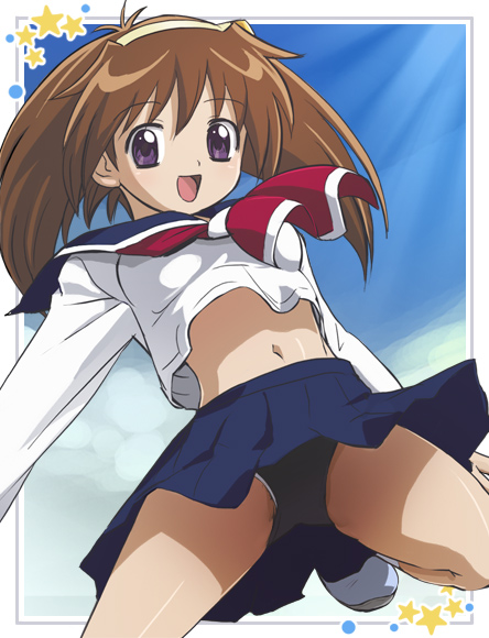 1girl, blue_skirt, brown_hair, buruma, female_focus, from_below, haruyama_kazunori, midriff