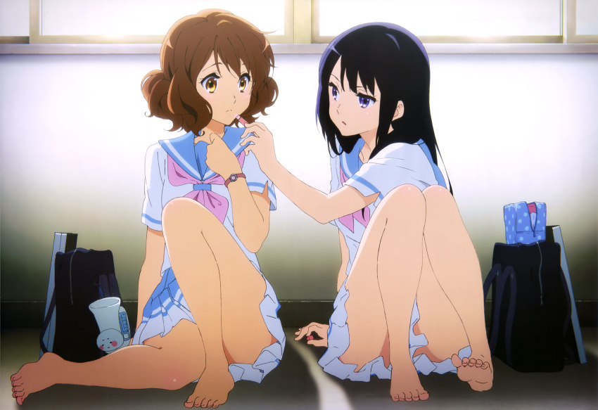 10s, 2girls, absurdres, bag, barefoot, black_hair, bracelet, brown_eyes, brown_hair, convenient_leg, feet, hibike!_euphonium, highres, jewelry, kousaka_reina, legs, multiple_girls, nagahama_ayaka, neckerchief, non-web_source, nyantype, official_art, oumae_kumiko, pink_neckerchief, school_bag, school_uniform, serafuku, sitting, toes, tuba-kun