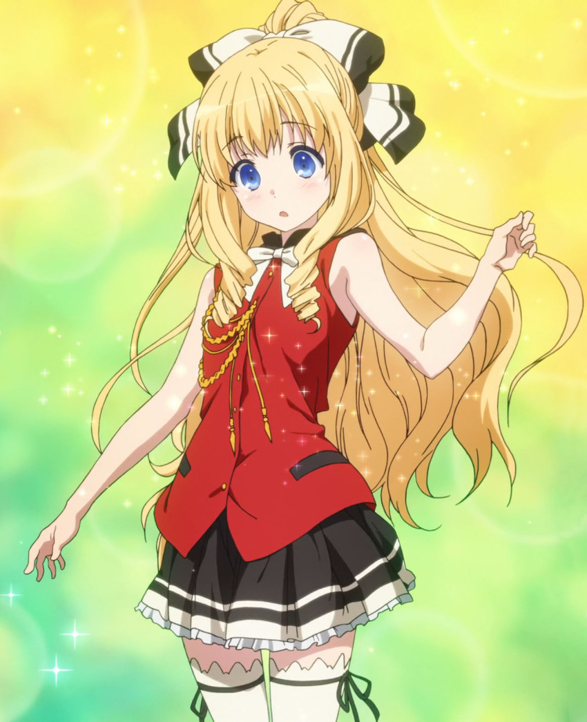 1girl, aiguillette, alternate_hairstyle, amagi_brilliant_park, anime_screenshot, blonde_hair, blue_eyes, blush, bow, cosplay, costume, cowboy_shot, female_focus, gradient_background, hair_ribbon, highres, latifa_fleuranza, lens_flare, long_hair, multicolored_background, one_side_up, open_mouth, pleated_skirt, ribbon, sento_isuzu, sento_isuzu_(cosplay), shirt, skirt, sleeveless, sleeveless_shirt, solo, sparkle, thighhighs, very_long_hair, white_bow, white_thighhighs, zettai_ryouiki