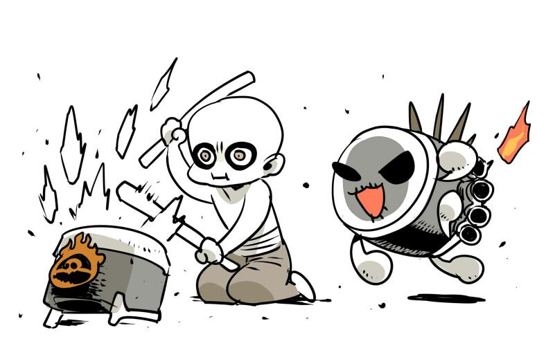 1boy, bald, colored_skin, crossover, drum, drumsticks, instrument, mad_max