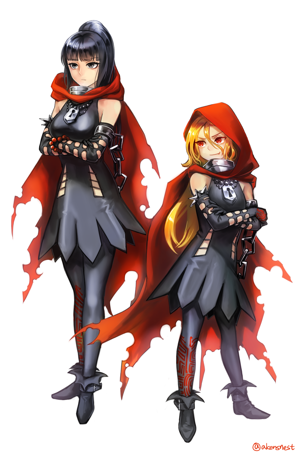 2girls, aken, black_eyes, black_hair, black_legwear, blonde_hair, chain, cloak, cosplay, crossed_arms, dress, elbow_gloves, evileye_(cosplay), evileye_(overlord), fang, gloves, highres, hood, hooded_cloak, ivileye, lock, long_hair, looking_at_another, looking_away, multiple_girls, narberal_gamma, overlord_(maruyama), pantyhose, ponytail, raised_eyebrow, red_eyes, simple_background, standing