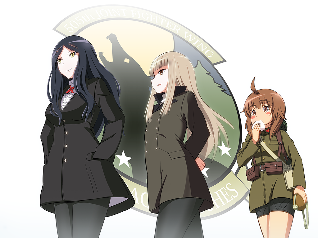 3girls, 505th_joint_fighter_wing, ahoge, arms_behind_back, black_hair, black_legwear, blonde_hair, blush_stickers