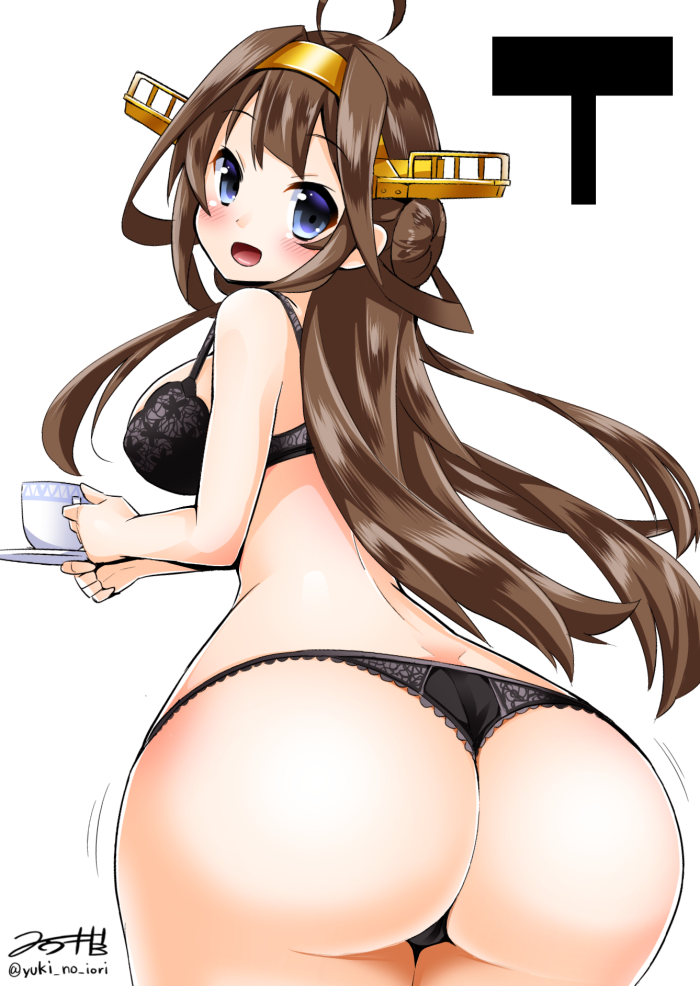 10s, 1girl, ahoge, ass, black_bra, black_panties, blue_eyes, blush, bra, breasts, brown_hair, cup, curvy, female_focus, from_behind, hairband, huge_ass, kantai_collection, kongou_(kancolle), lace, lace_bra, lace_panties, lingerie, long_hair, looking_at_viewer, looking_back, open_mouth, panties, saucer, sideboob, simple_background, smile, solo, teacup, thong, underwear, underwear_only, wide_hips, yuuki_hb