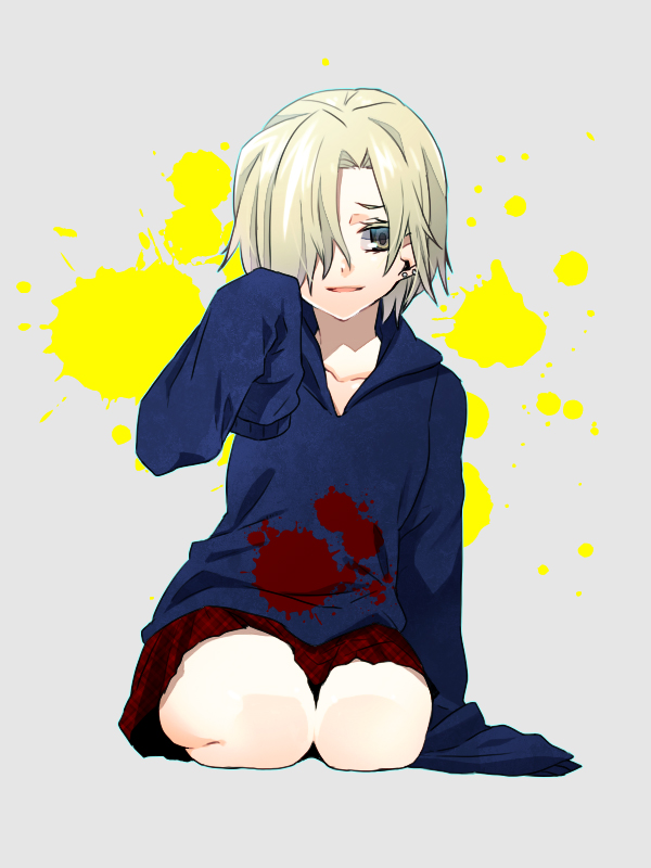 10s, 1girl, blonde_hair, blood, blood_on_clothes, blood_splatter, blush, brown_eyes