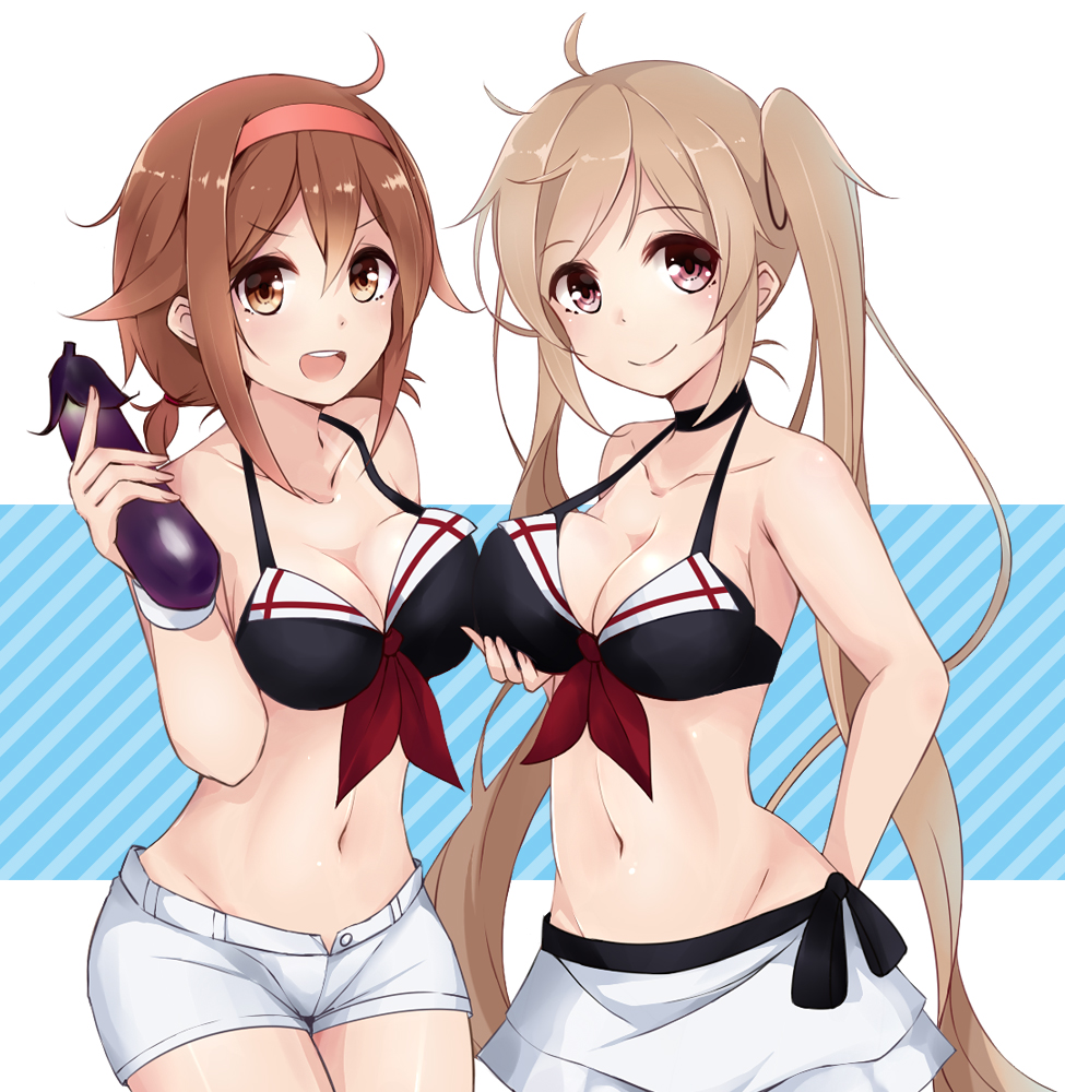 10s, 2girls, adapted_costume, ahoge, bikini, bikini_top_only, breast_hold, breasts