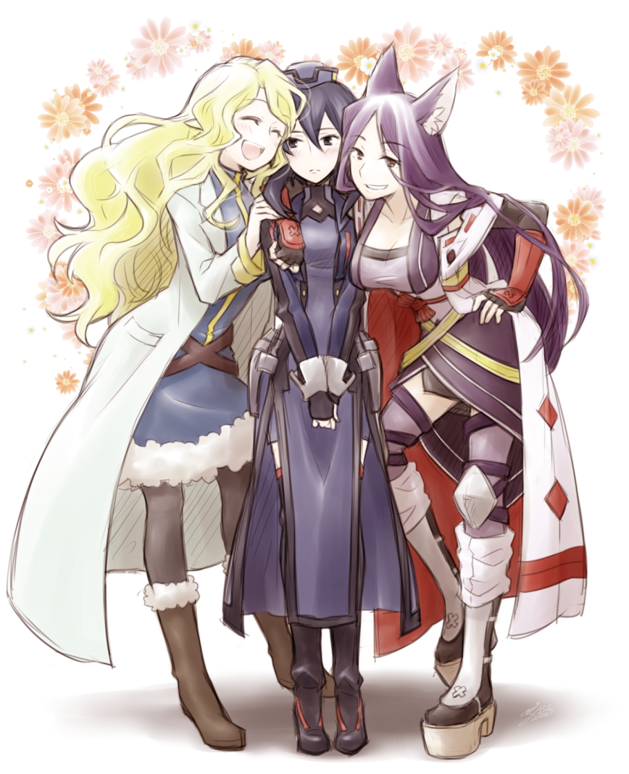 10s, 3girls, ^_^, aino_yumeri, animal_ears, arm_around_shoulder, blonde_hair, blush