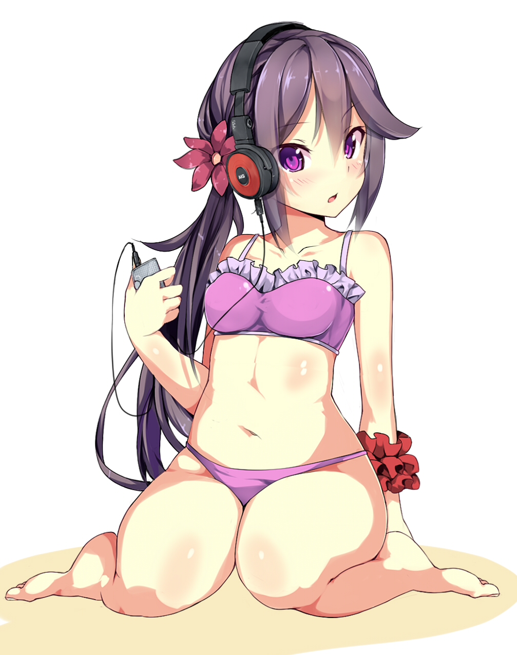 10s, 1girl, akebono_(kancolle), akebono_(swimsuit)_(kancolle), akg, arm_behind_back, arm_support, barefoot