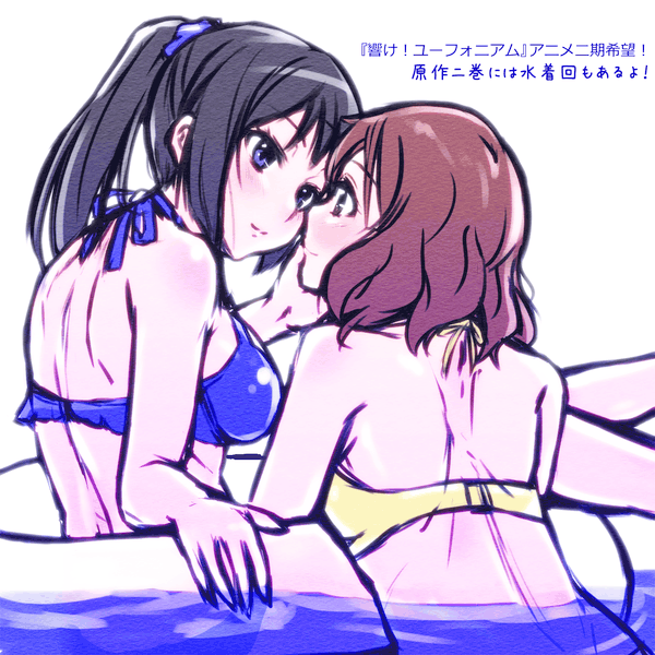 10s, 2girls, back, bikini, black_hair, blue_eyes, brown_eyes, brown_hair