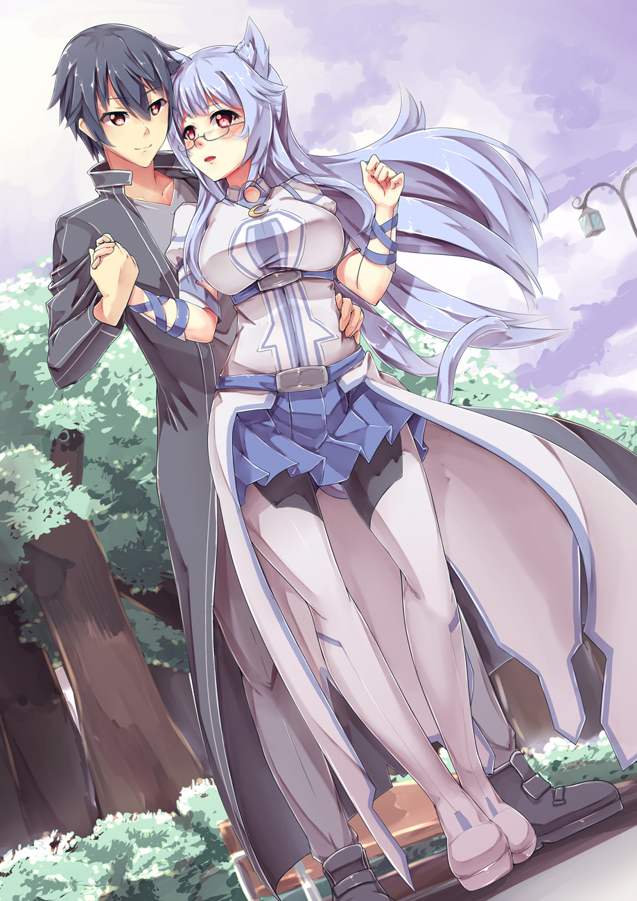 1boy, 1girl, animal_ears, asuna_(sao), asuna_(sao-alo), asuna_(sao-alo)_(cosplay), black_hair, blue_hair, blush, boots, breasts, cat_ears, cat_tail, cosplay, couple, glasses, hetero, highres, holding_hands, infinite_stratos, kirito, kirito_(cosplay), long_hair, looking_at_another, orimura_ichika, packge, pantyhose, pleated_skirt, red_eyes, sarashiki_kanzashi, short_hair, skirt, smile, sword_art_online, tail, thigh_boots, thighhighs, waist_grab, white_footwear, white_thighhighs