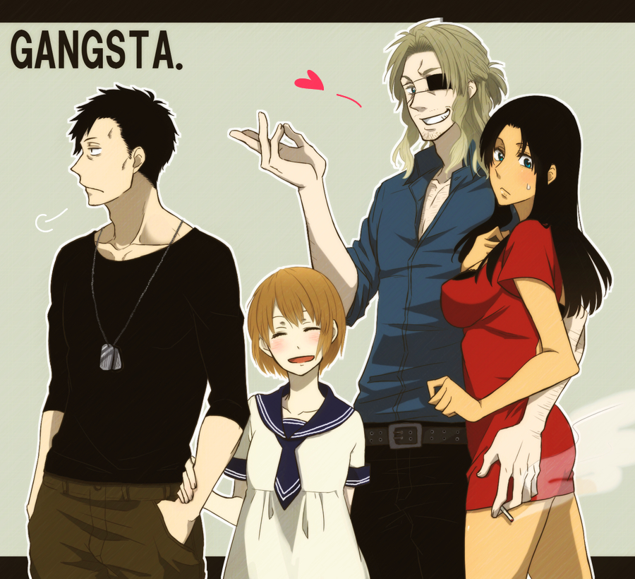 10s, 2boys, 2girls, alex_benedetto, black_hair, blonde_hair, brown_hair, dog_tags