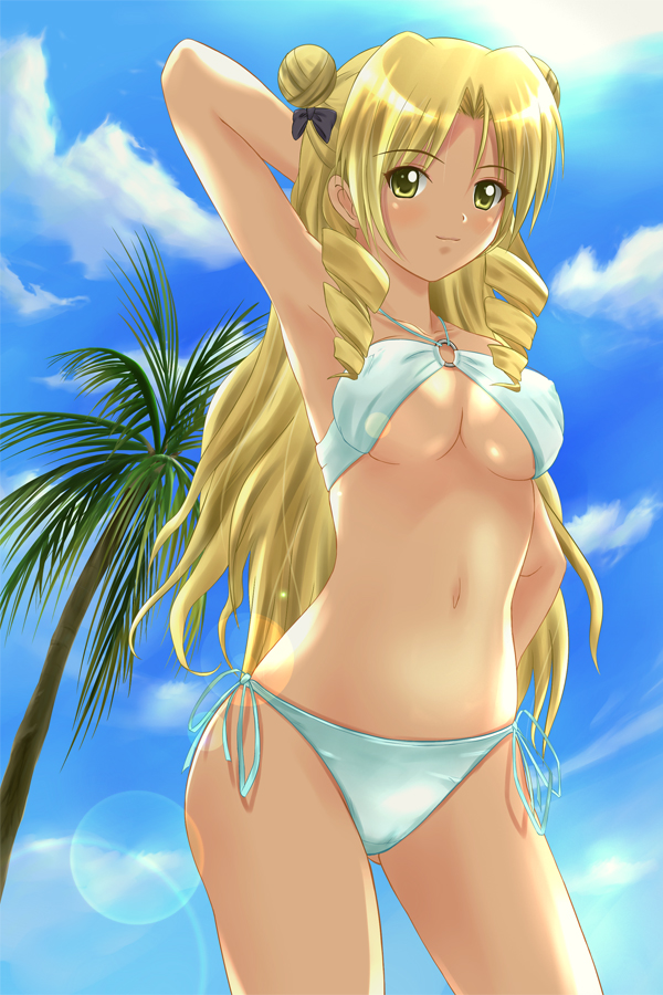 00s, 1girl, armpits, bikini, blonde_hair, breasts, day, double_bun, drill_hair, female_focus, hair_bun, koni, medium_breasts, side-tie_bikini_bottom, solo, swimsuit, tenjouin_saki, to_love-ru, underboob, yellow_eyes
