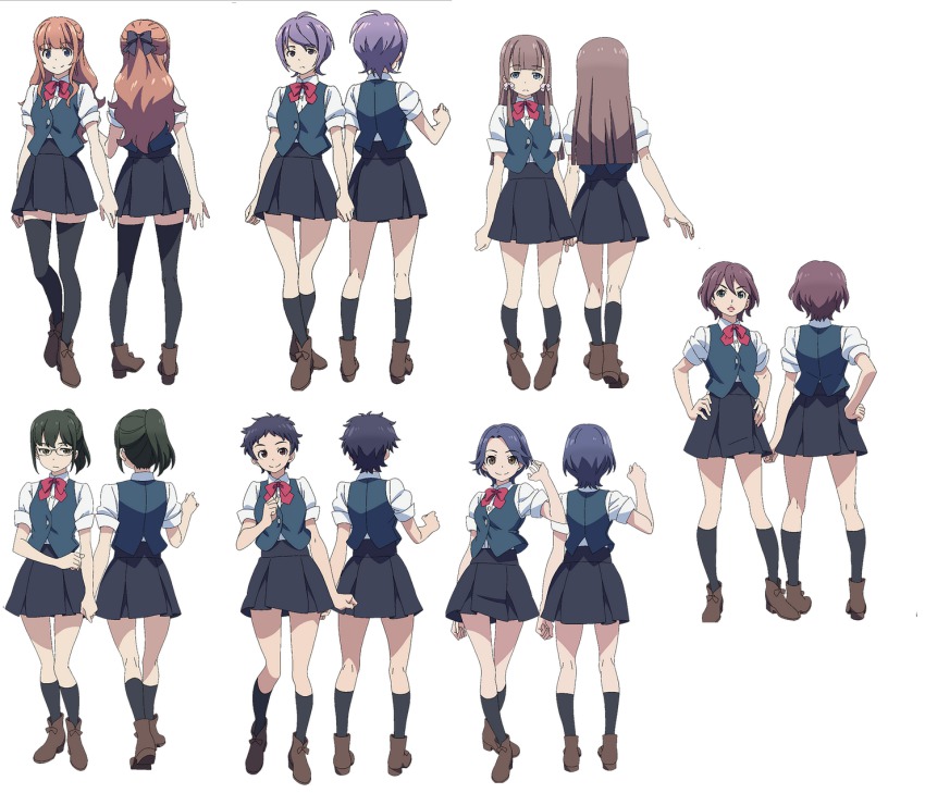 10s, 6+girls, brown_hair, reference_sheet, classroom_crisis, from_behind, highres, kanzaki_hiro