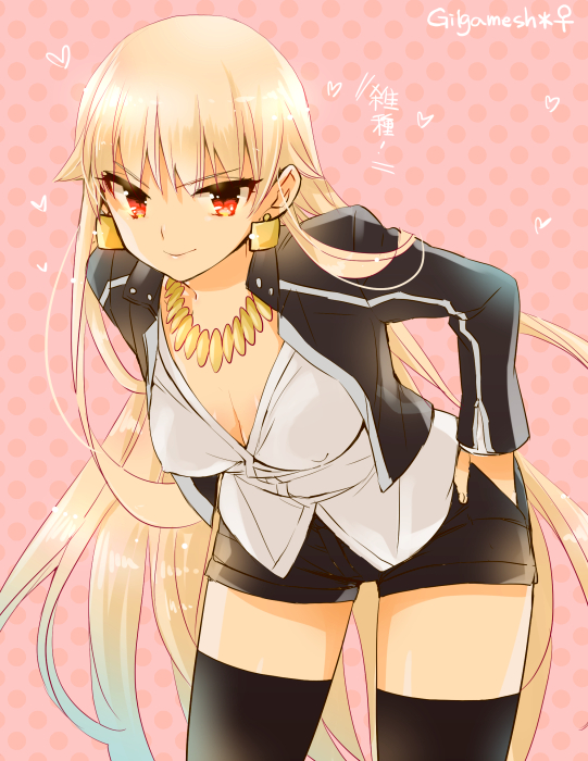 1girl, adapted_costume, black_thighhighs, blonde_hair, breasts, cleavage, earrings, fate/stay_night, fate_(series), female_focus, genderswap, genderswap_(mtf), gilgamesh-ko, gilgamesh_(fate), gilgamesh_(immoral_biker_jacket)_(fate), jewelry, official_alternate_costume, polka_dot, polka_dot_background, red_eyes, solo, thighhighs, yakan_(kusogaki_teikoku), zettai_ryouiki