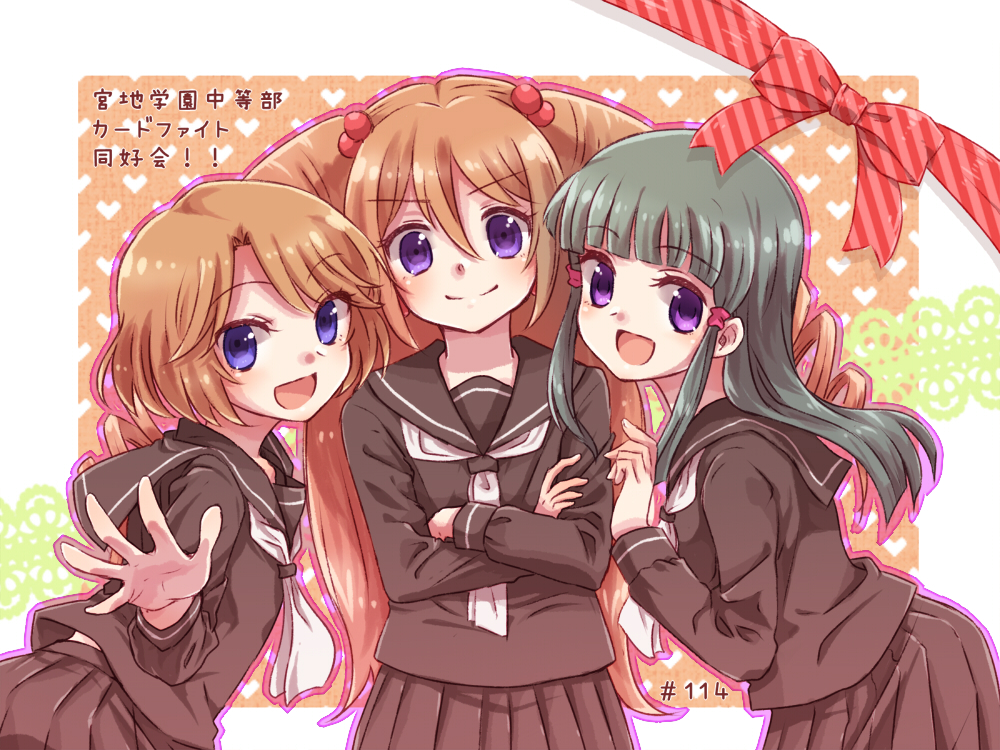 10s, 3girls, :d, bad_id, bad_pixiv_id, black_hair, black_serafuku, blue_eyes