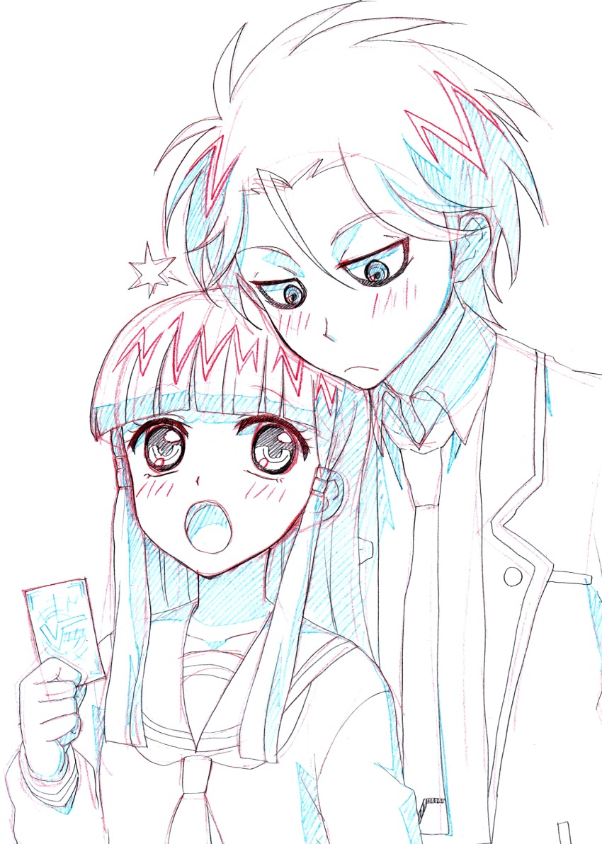 10s, 1boy, 1girl, :o, blazer, blunt_bangs, blush, breasts