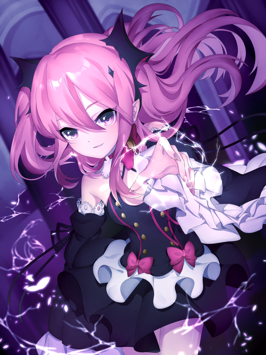 10s, 1girl, absurdres, choker, dress, fang, female_focus, happy, highres, hinata_(sky), krul_tepes, long_hair, md5_mismatch, nail_polish, owari_no_seraph, pink_eyes, pink_hair, pink_nails, ribbon, solo, twintails