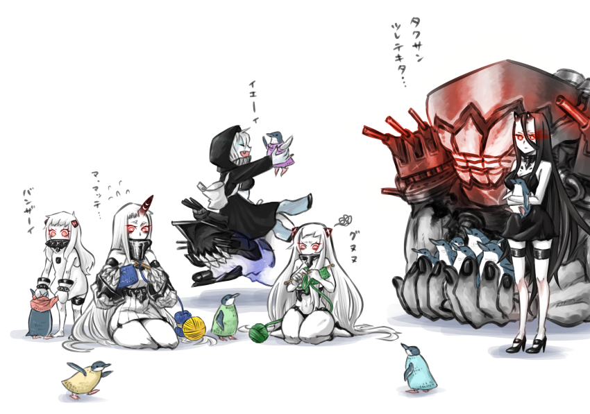 10s, 5girls, :d, abyssal_ship, ahoge, airfield_princess, animal, animal_hug