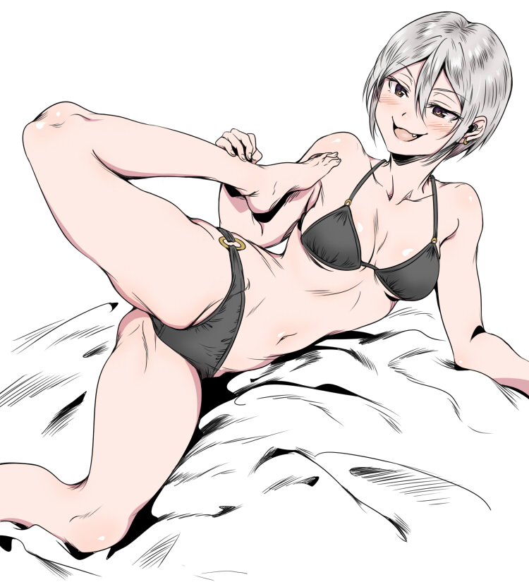 10s, 1girl, bad_id, bad_pixiv_id, barefoot, bikini, black_bikini, blush