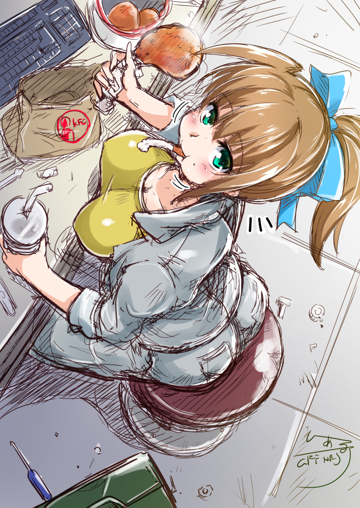 1girl, ass, blush, breasts, brown_hair, c.r., chicken_(food), cleavage, collarbone, eating, covered_erect_nipples, female_focus, food, from_above, green_eyes, hair_ribbon, kekkai_sensen, computer_keyboard, large_breasts, looking_at_viewer, looking_up, meat, neyka_(kekkai_sensen), ponytail, ribbon, sitting, solo, stool, tools