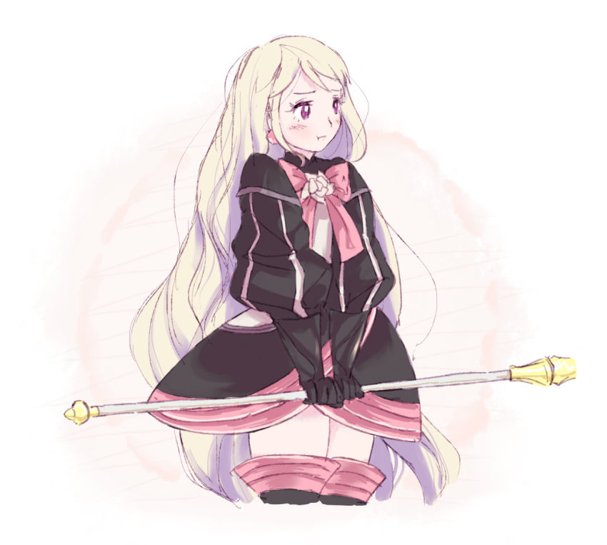 1girl, :t, alternate_hairstyle, blonde_hair, blush, boots, bow, dress, earrings, elise_(fire_emblem), female_focus, fire_emblem, fire_emblem_fates, flower, gradient_background, hair_down, jewelry, long_hair, nintendo, pout, purple_eyes, rod, rose, solo, thigh_boots, thighhighs, third, very_long_hair, zettai_ryouiki