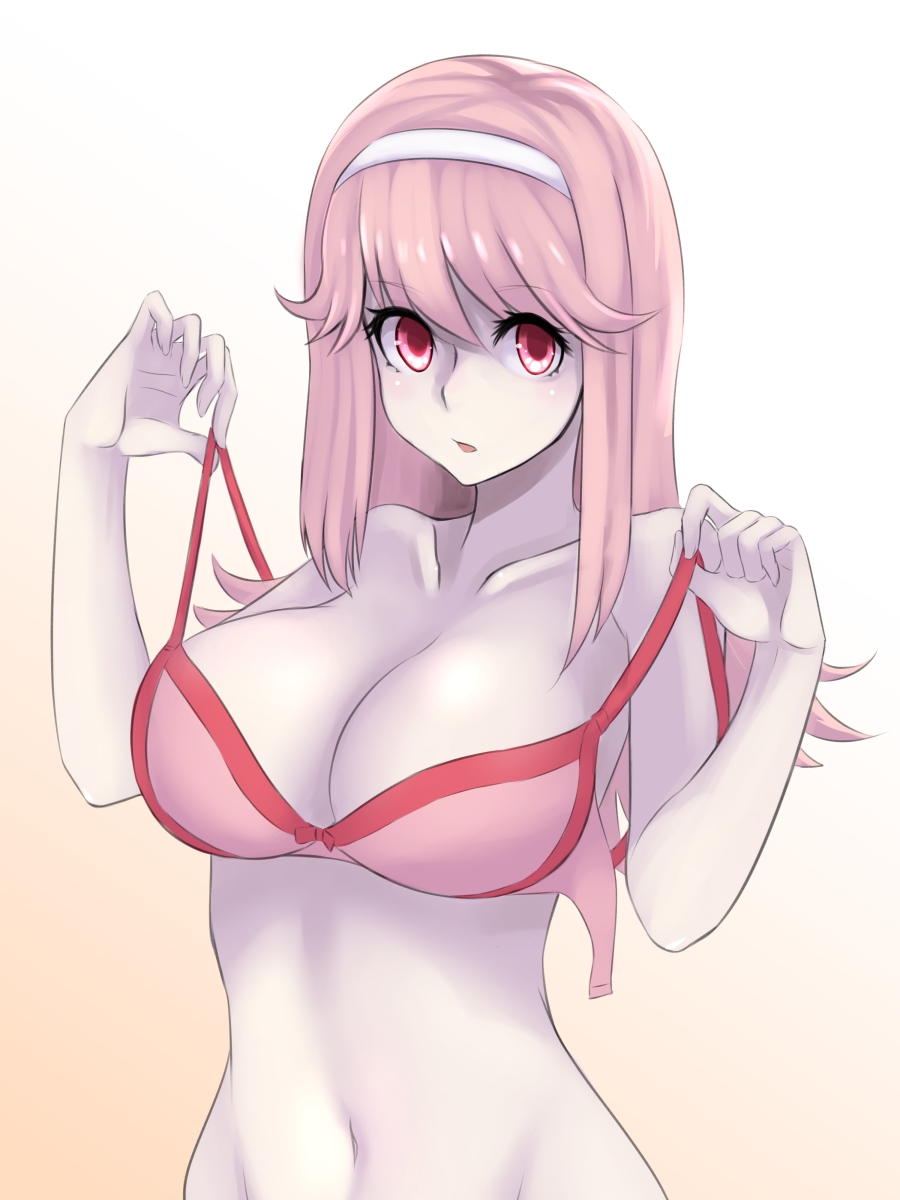 1girl, :o, bra, breasts, colored_skin, dream_c_club, dream_c_club_(series), dream_c_club_gogo., dressing, female_focus, gradient_background, grey_skin, hairband, hakuduki18, highres, large_breasts, long_hair, looking_at_viewer, noko_(dream_c_club_gogo.), pink_eyes, pink_hair, solo, underwear, upper_body
